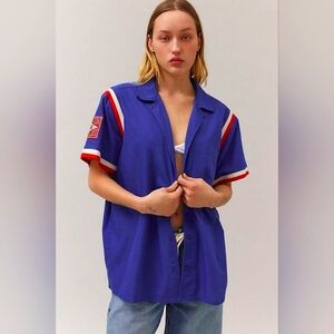 BDG Lorna Baseball Jersey - Blue Short Sleeve Button-Up Shirt Size M